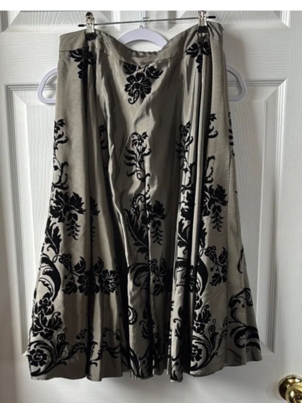 Silver and Black Flocked Velvet Floral Midi Full Skirt